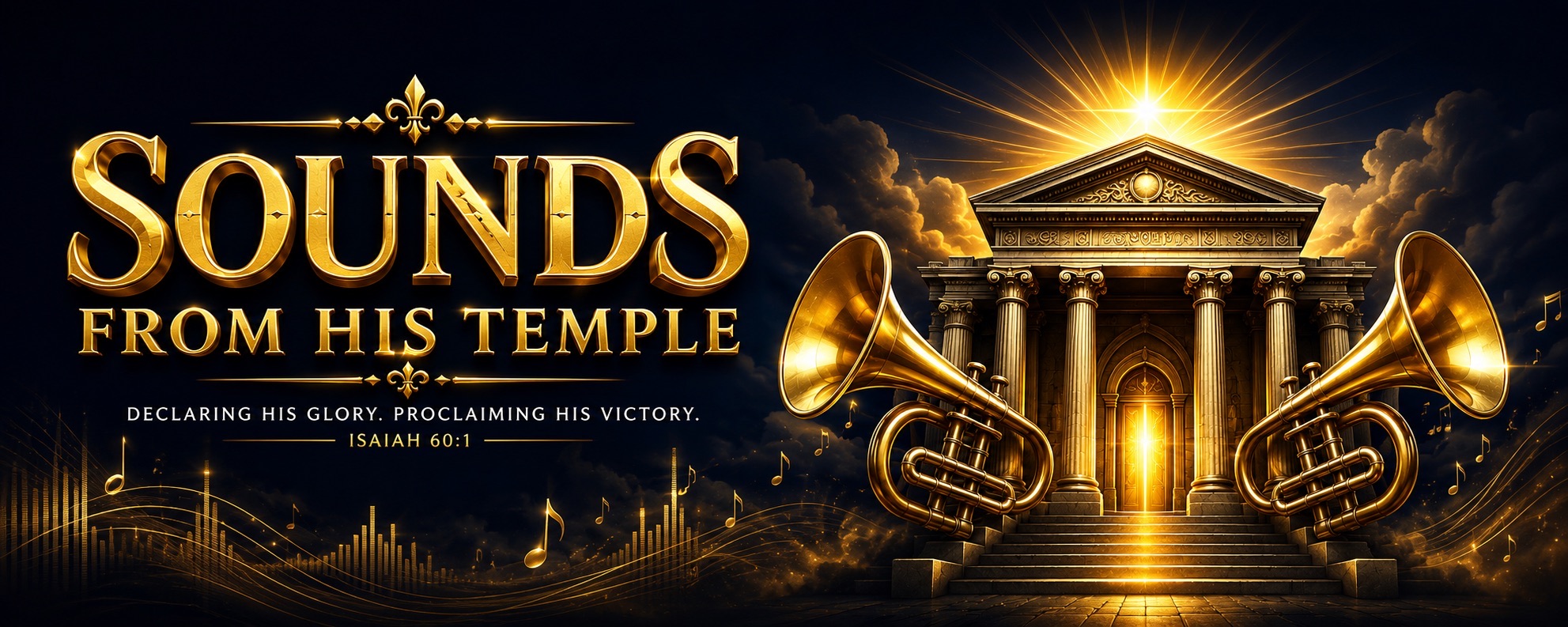 Sounds from His Temple — golden temple with trumpets, Declaring His glory, proclaiming His victory